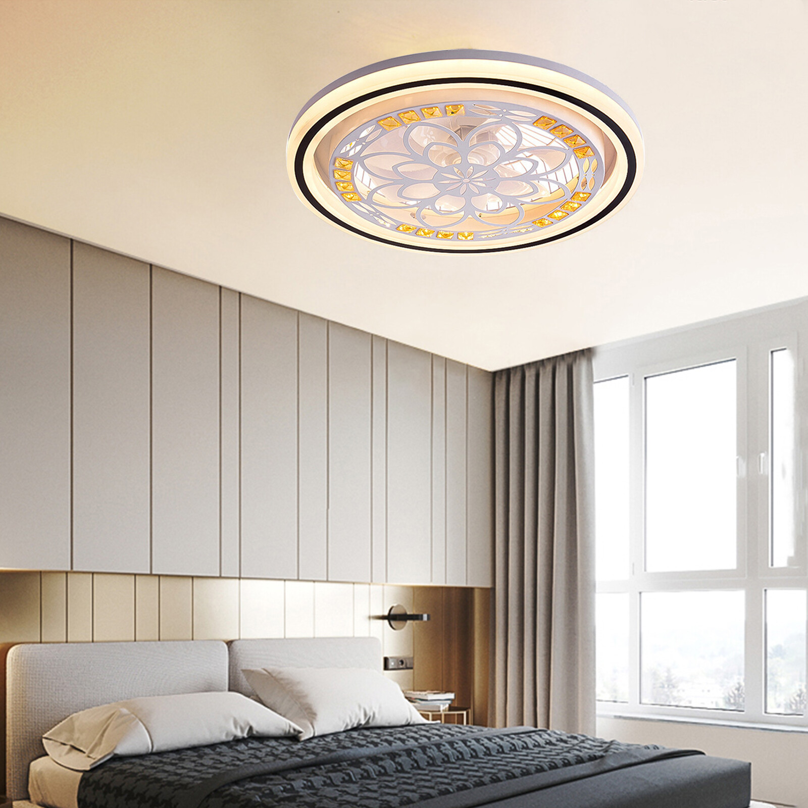 20" Round Bedroom Pendant Ceiling Fan LED Light Fan Bladeless Fan with Remote