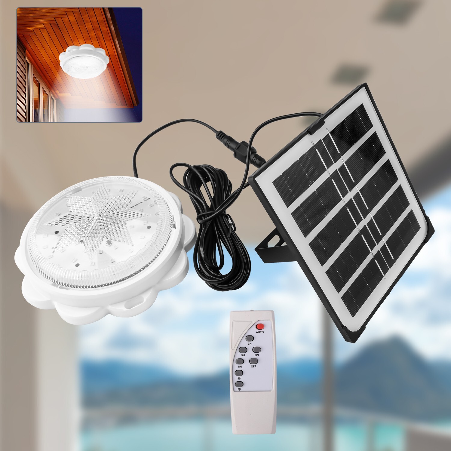 LED Ceiling Light Solar Panel Remote Control Pendant Lamp Indoor Corridor Garden
