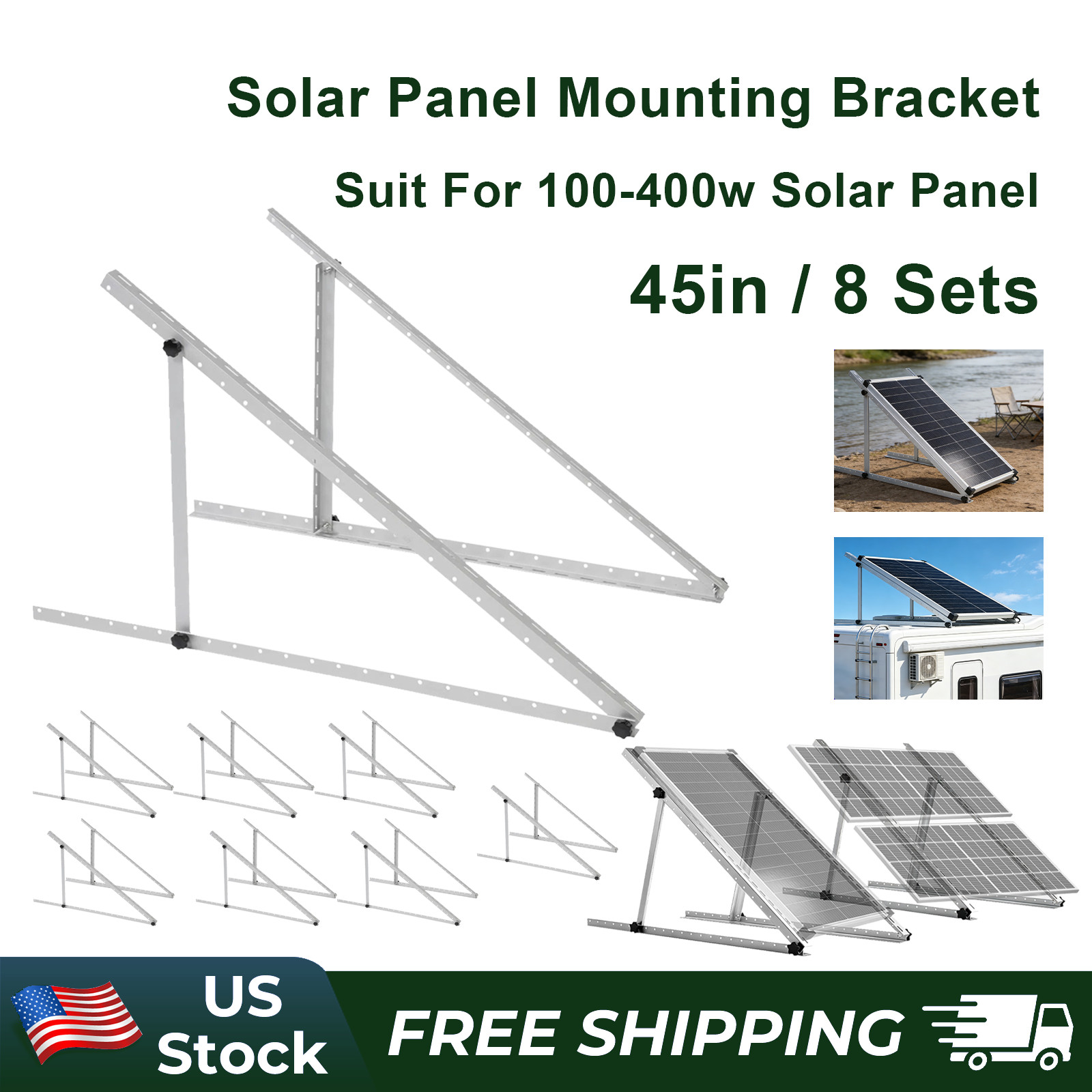 45in 8 Sets Adjustable Solar Panel Mounting Bracket Ground Mount Kit for RV Roof