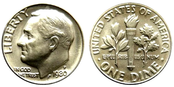 1980 P+D Roosevelt Dimes (25P+25D each) ~ Unc Roll Taken From Mint Sets #1