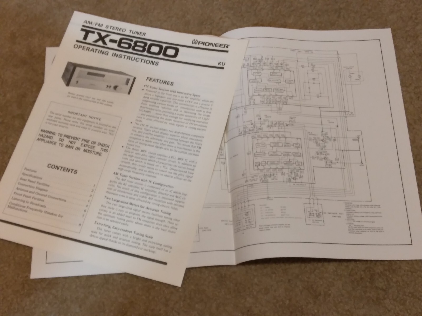 Vintage Original Pioneer TX-6800 Stereo Tuner owner manual & Schemetic Excellent