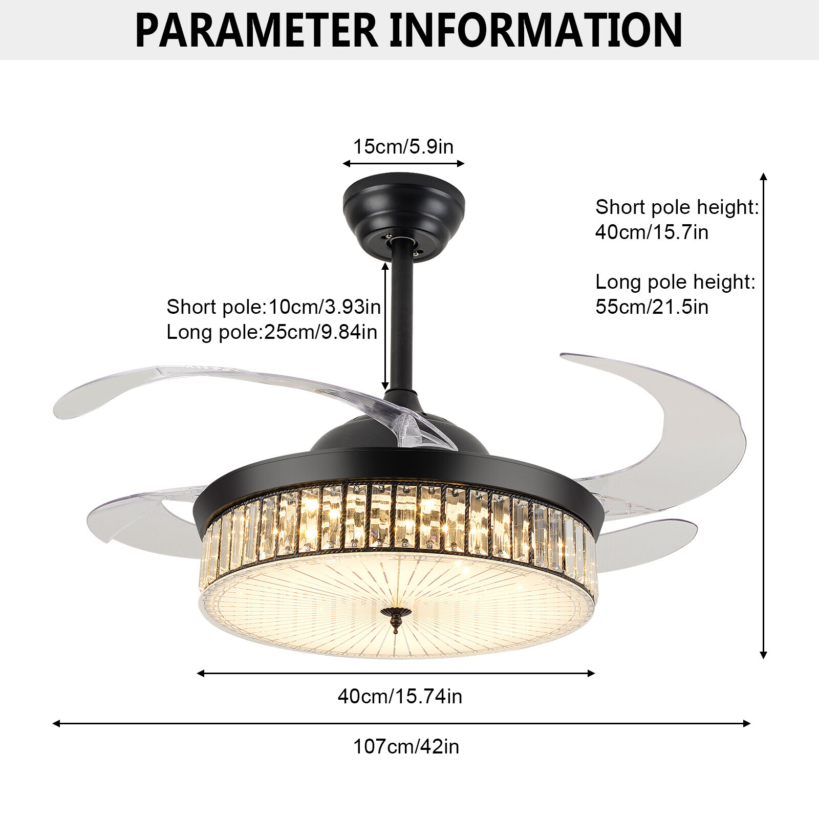 42 Inch Retractable LED Ceiling Fan Light with Remote Control and Timer