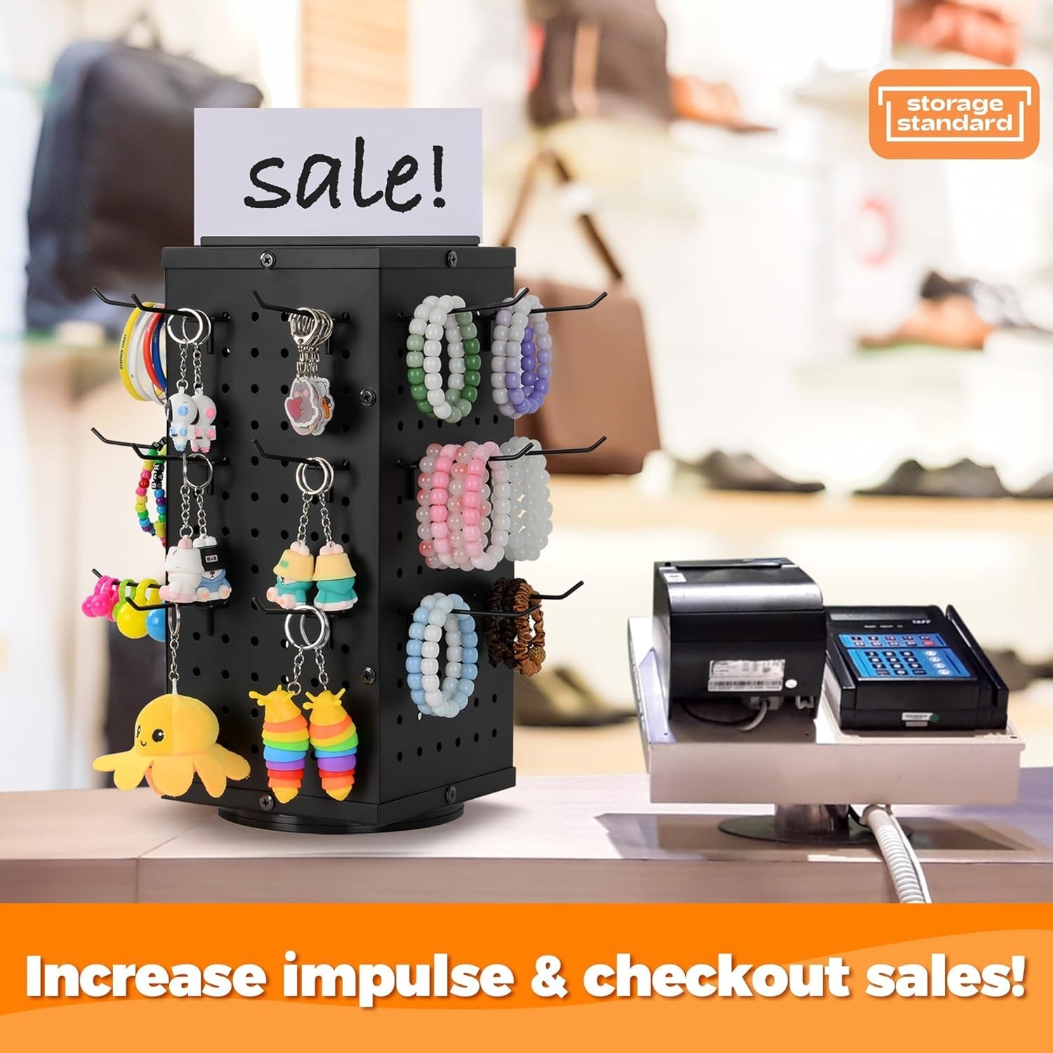 Rotating Pegboard Display Stand With 24 Hooks, 4-Sided for Products, Accessories