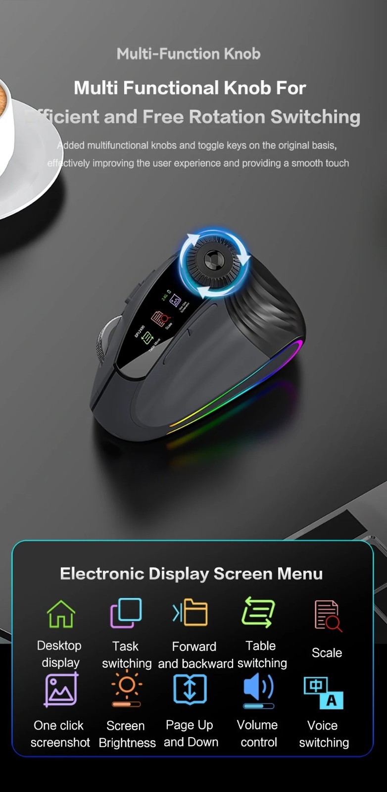 Backlit Wireless Ergonomic Mouse Bluetooth 2.4G Rechargeable w/ Smart Scroll
