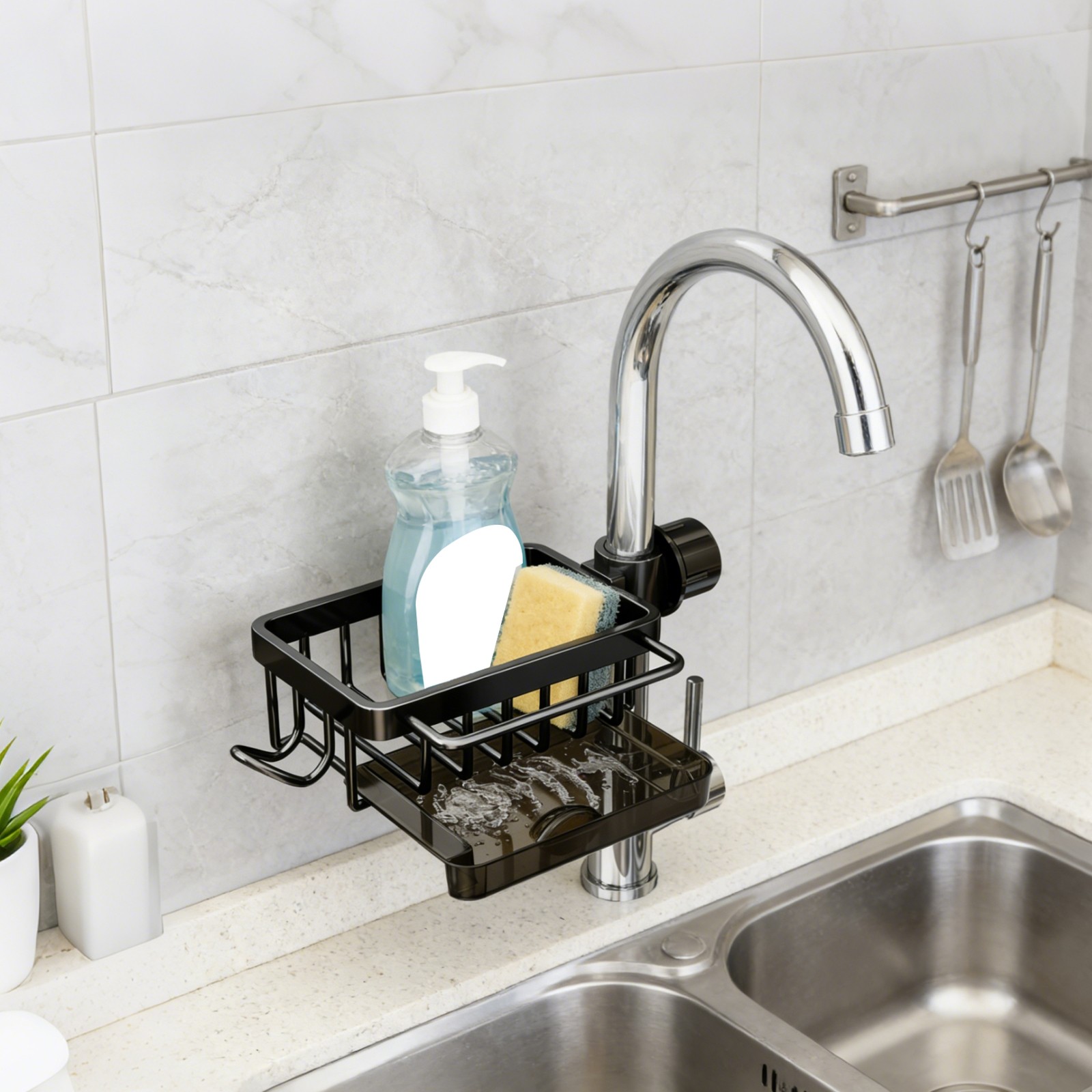 Sink Organizer Detachable Hanging Faucet Drain Rack w/ Drip Tray Sponge Holder