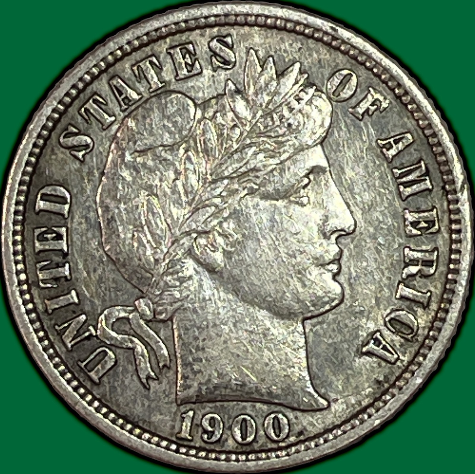 1900-S Barber Dime Almost Uncirculated AU Coin, Faint Cleaning #44108
