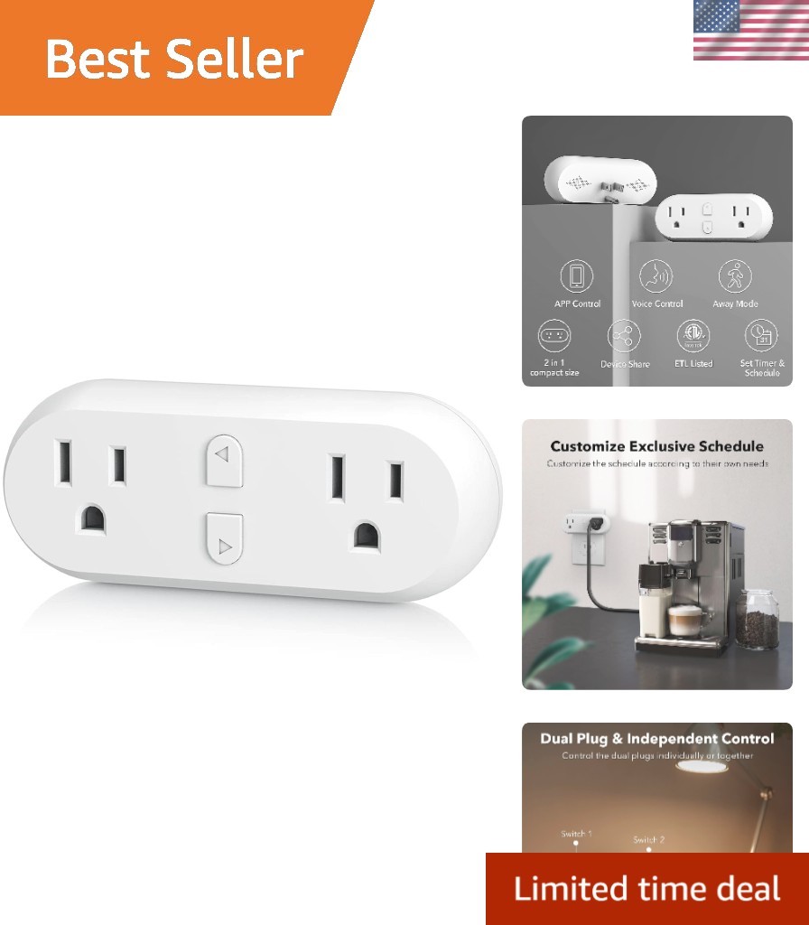 Smart Plug 15A - Dual Outlet WiFi & Bluetooth, Works with Alexa & Google Home