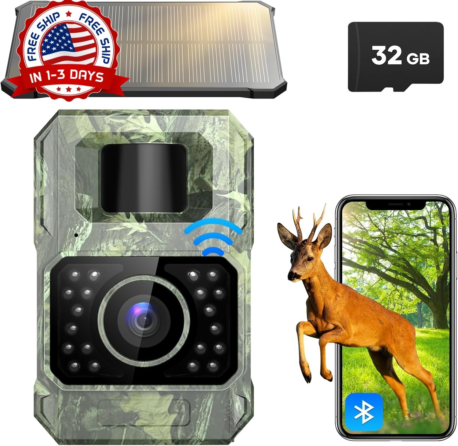 Cámara de rastreo solar de 48 MP y 30 FPS, cámara de juegos con WiFi y Bluetooth