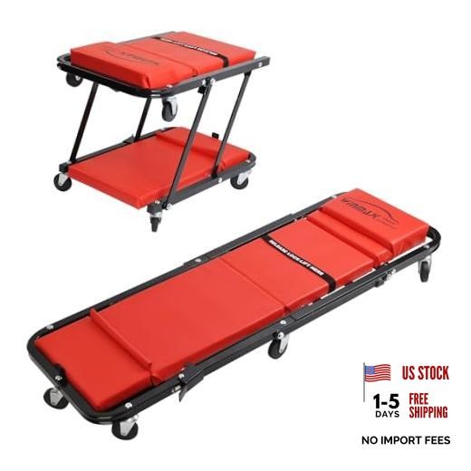 48" 2 in 1 Folding Rolling Garage Shop Creeper Roller Seat, Work Stool with