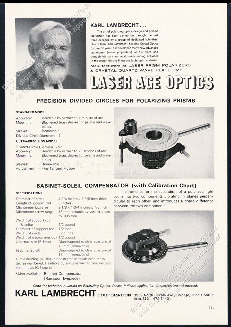 1968 Karl Lambrecht photo Laser Age Optics prism polarizer vintage print ad