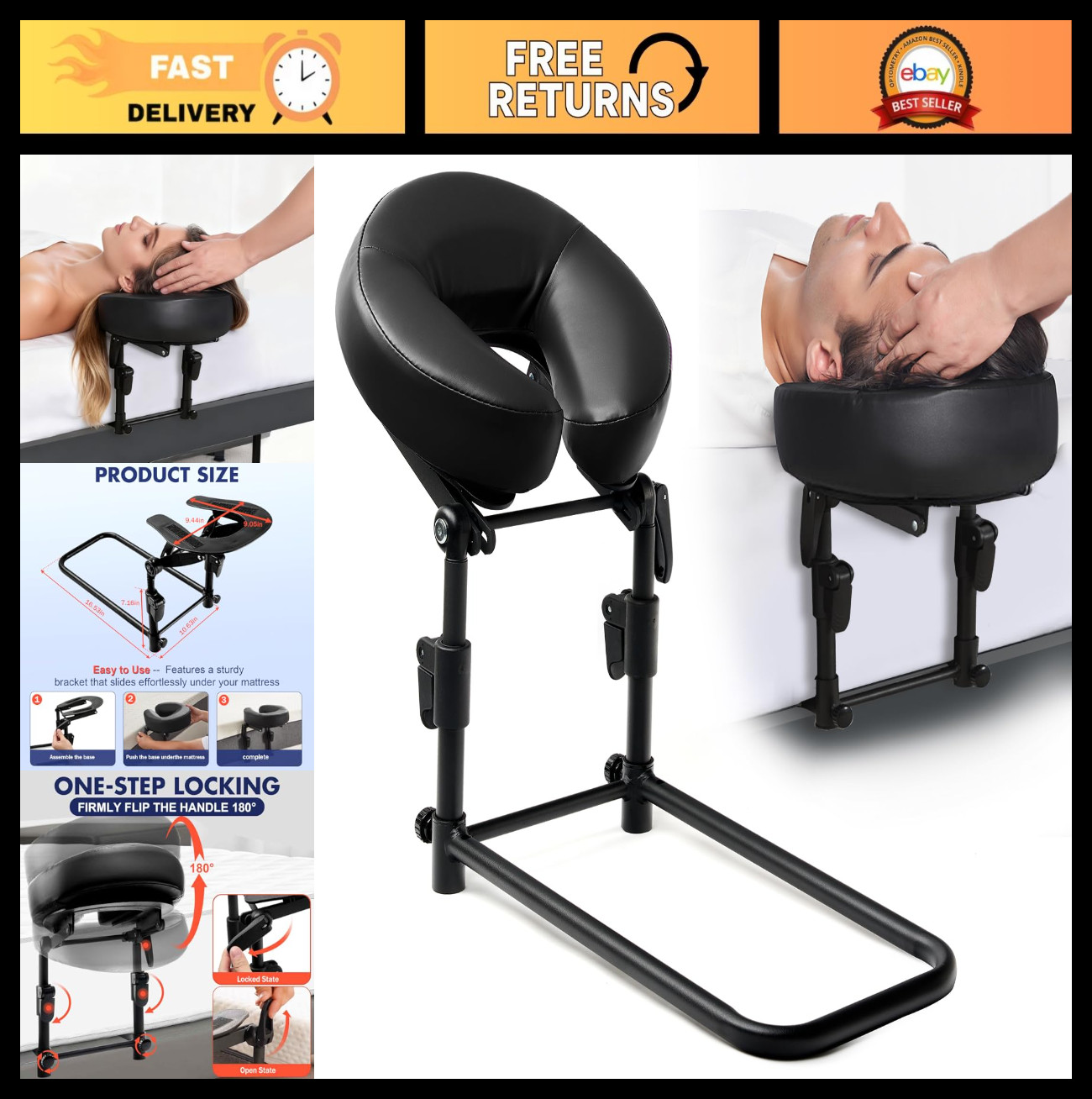 Adjustable Massage Headrest for Bed & Table, Face Down Pillow for Home Use, Blac