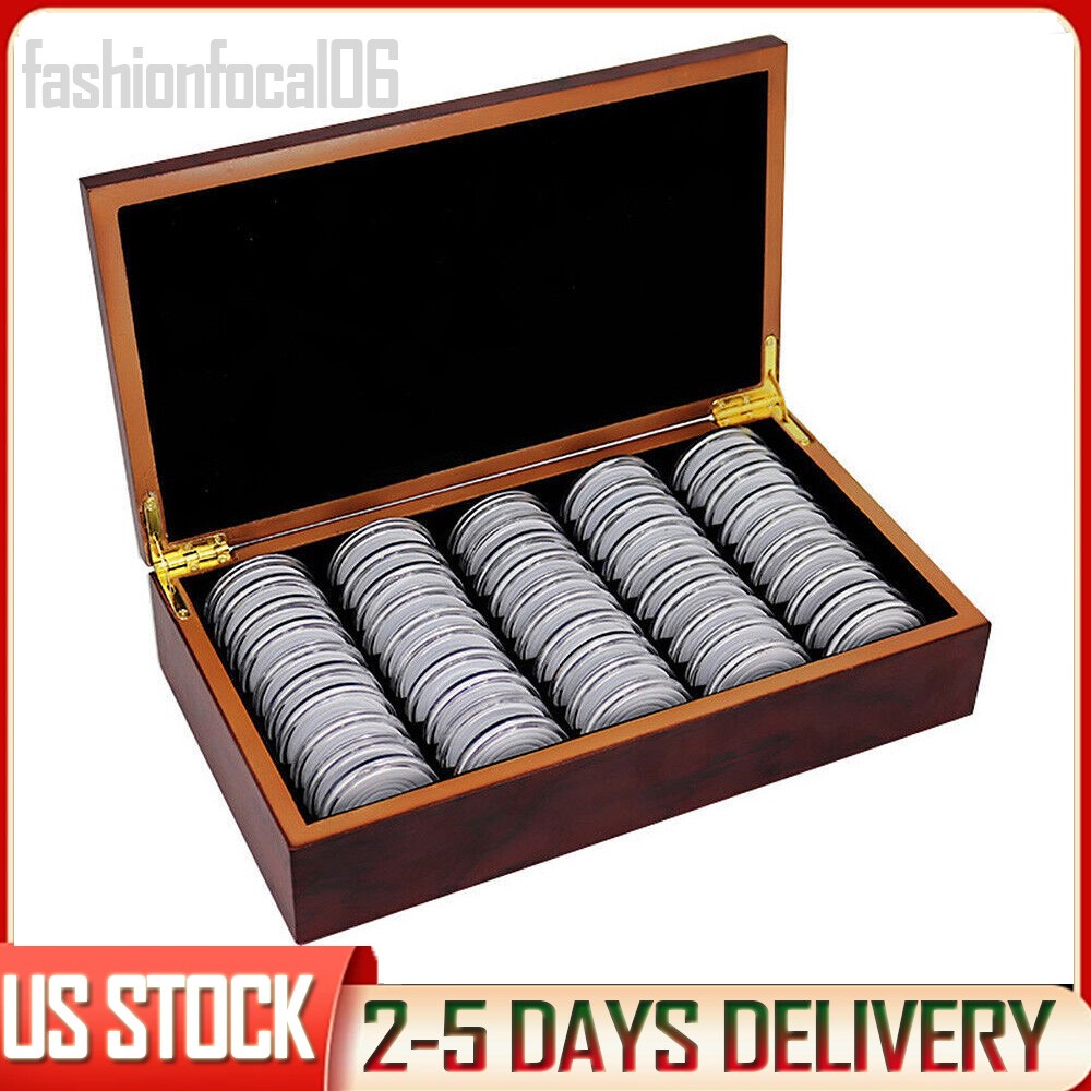 50Pcs 46MM Coin Capsules w/ Wooden Storage Box Plastic Case Collection Holder