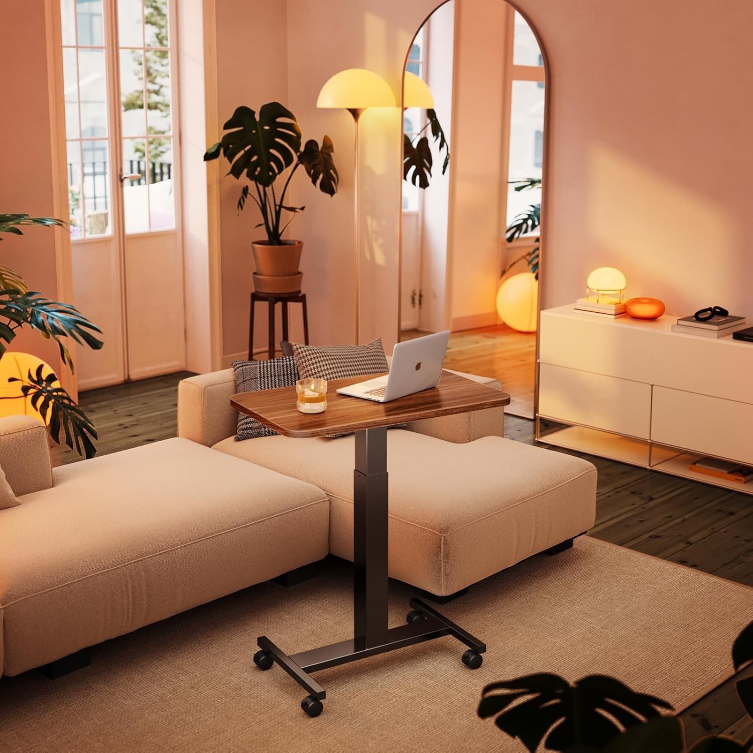 Rolling Laptop Standing Desk Adjustable Mobile T-Base Desk with Lockable Casters