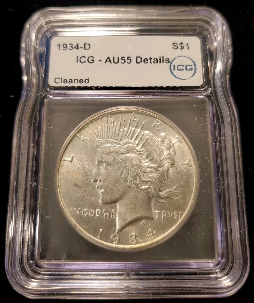 1934 D Peace Silver Dollar ICG AU55 Cleaned.  Nice Looking Coin.