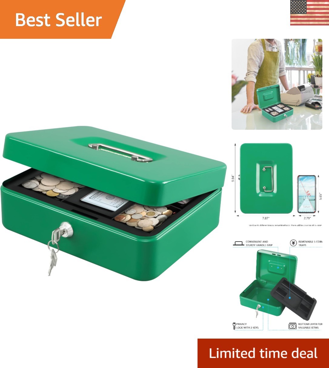 Large Portable Metal Lock Box - Secure Money Tray, 9.84" x 7.87" x 3.54" Green