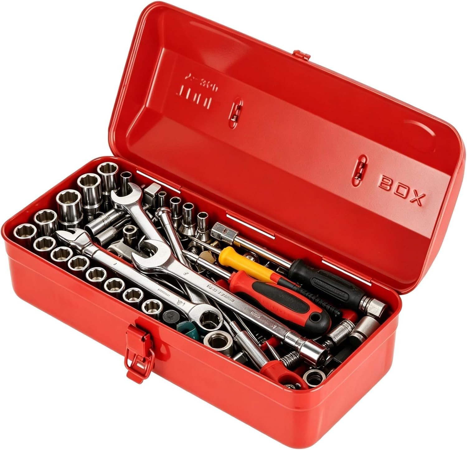 15 Inch Small Tool Box Red Tool Box Metal Tool Box with Metal Latch Closure & Ha