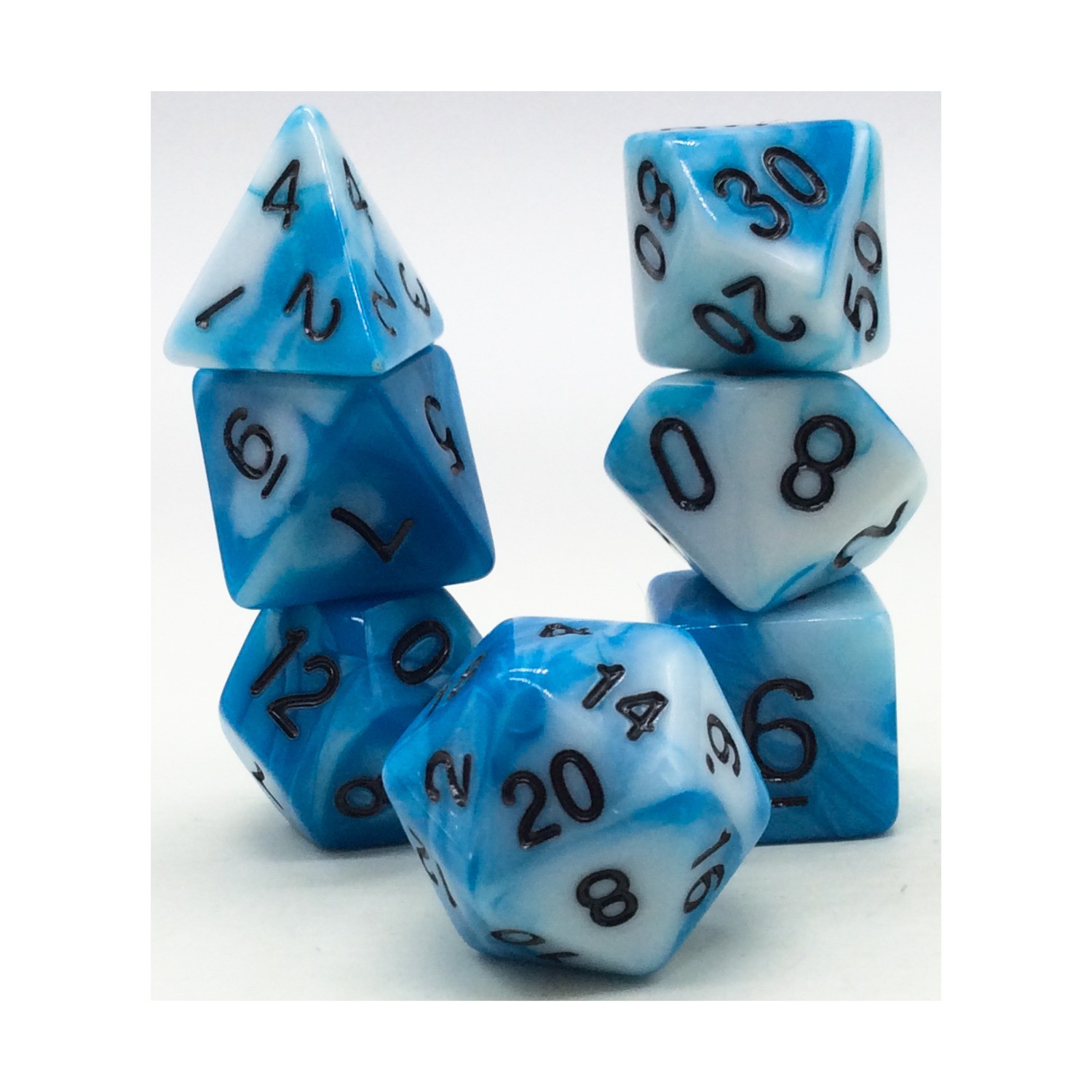 Crystal Caste Poly Dice Set 16mm Poly Set - Light Blue & White w/Black (7) New