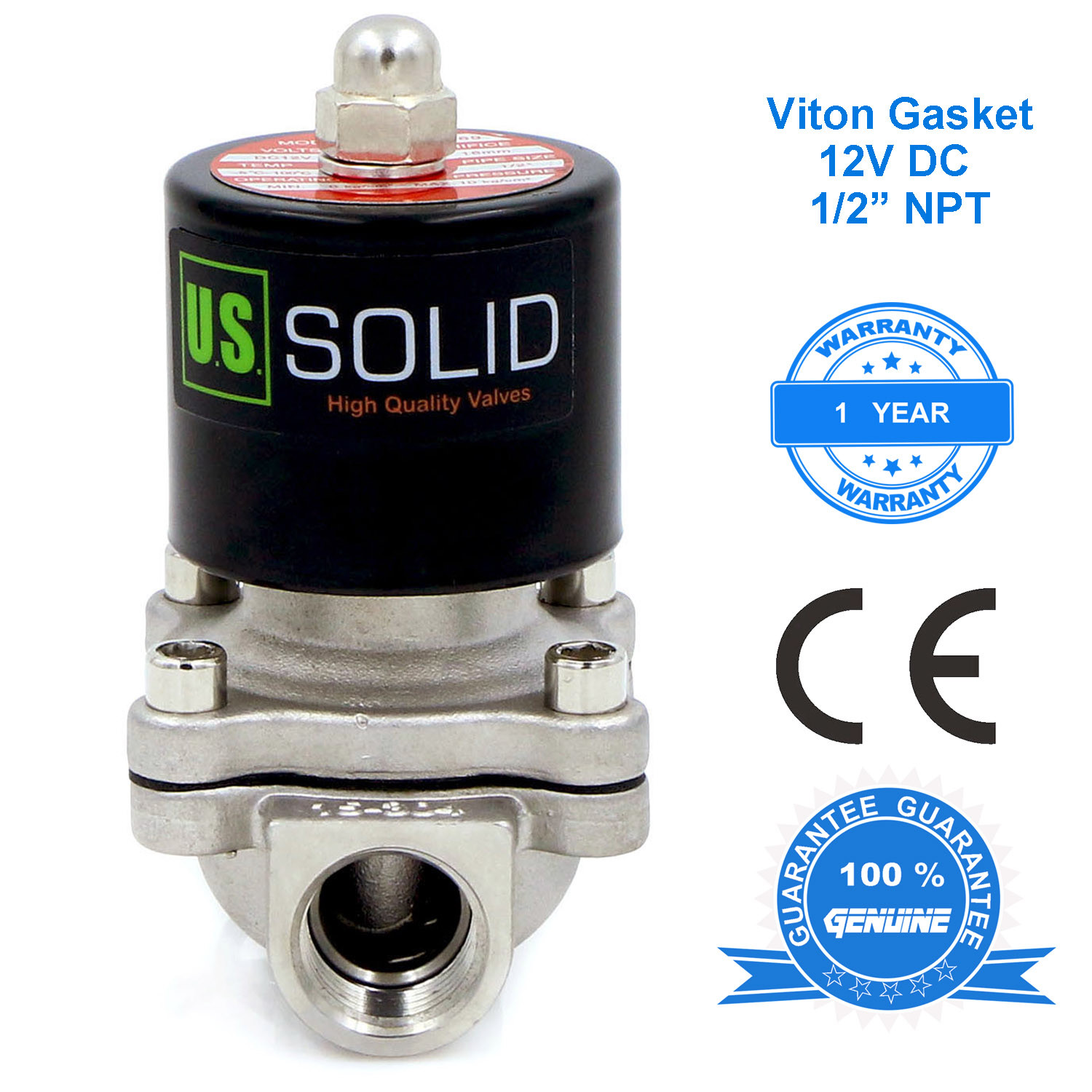 U. S. Solid 1/2" Stainless Steel Electric Solenoid Valve 12V DC Normally Closed
