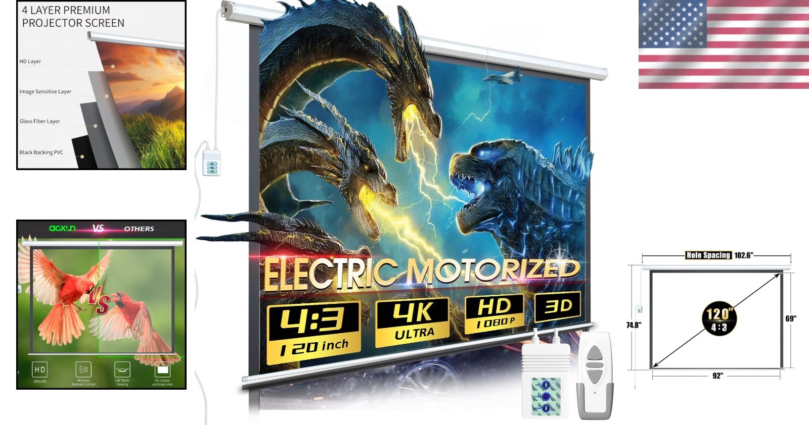120" Motorized Projector Screen w/ Remote Control
