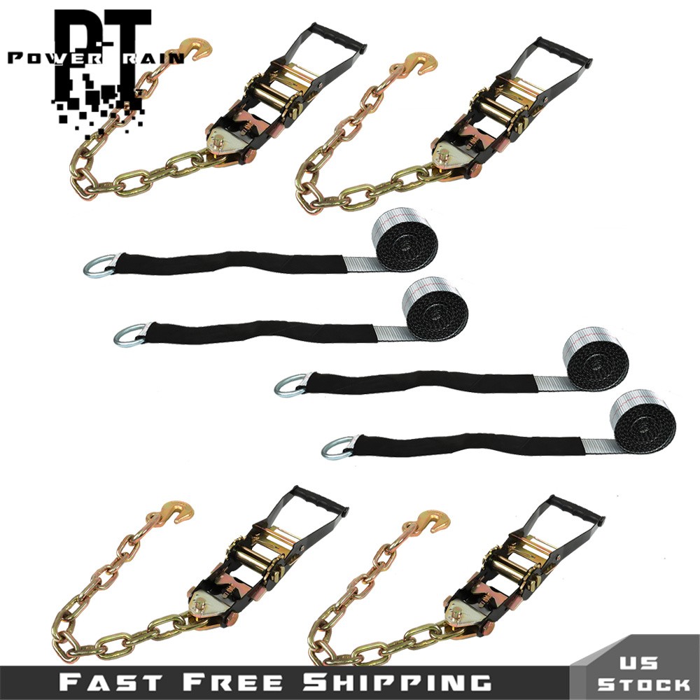 Silver Car Tie Down with Chain Anchors 4 Pack 2 Inch x 96 Inch For SUV Truck