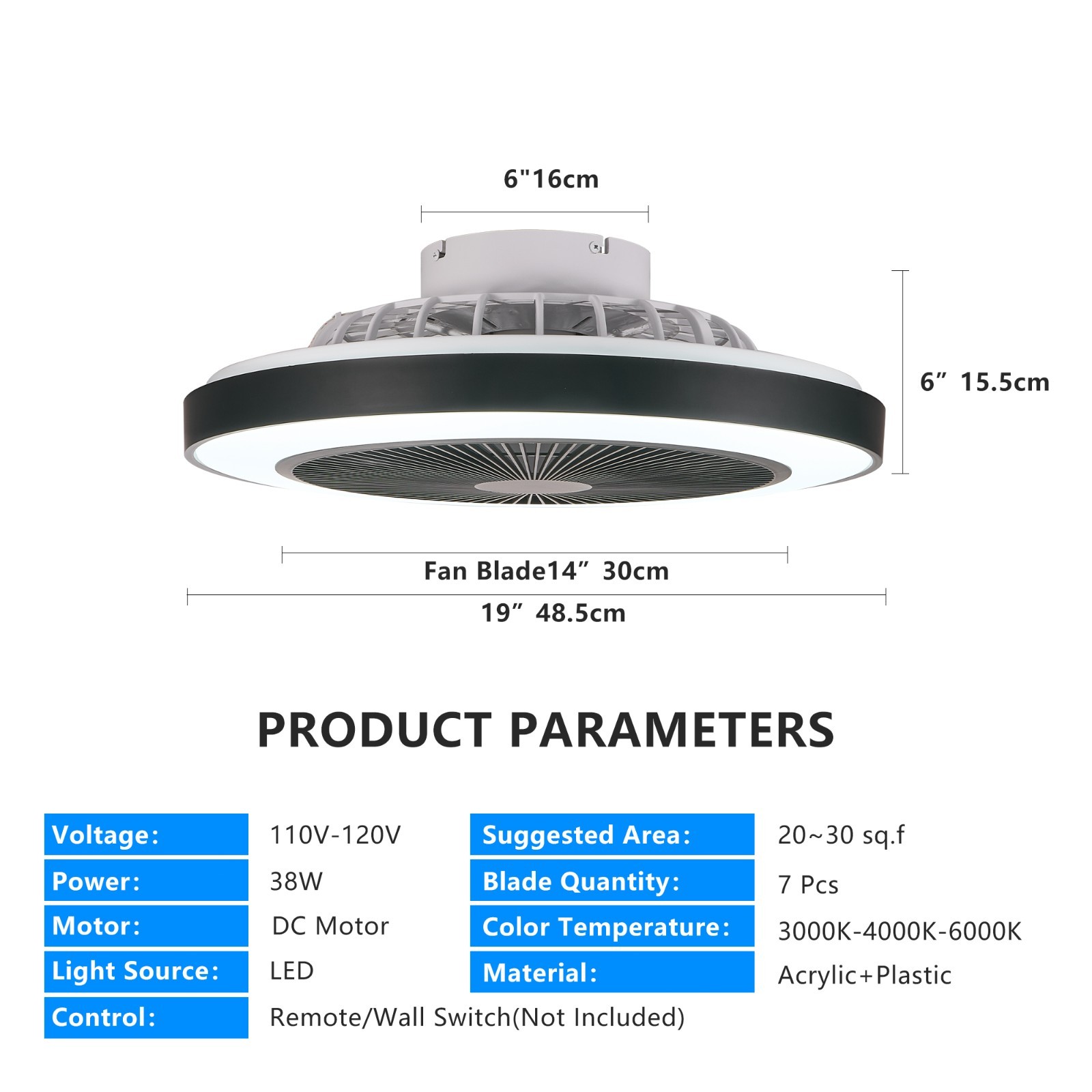 19" RGB LED Smart Ceiling Fan Light – Dimmable, APP/Remote, Silent Reversible DC