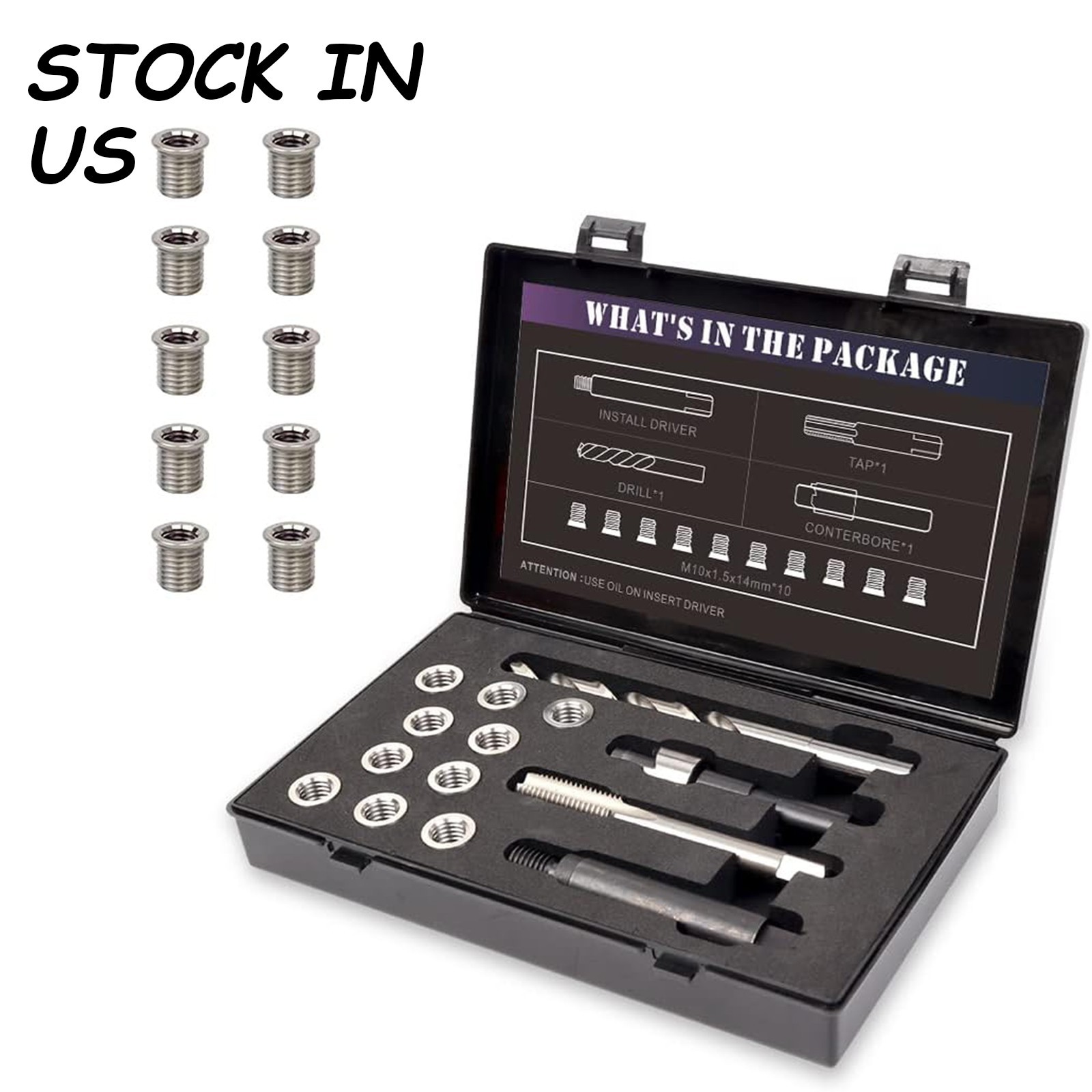 M10*1.5 * 14mm *10 PCS Thread Repair Kit with 9.4mm Insert HSS Drill, Tap,