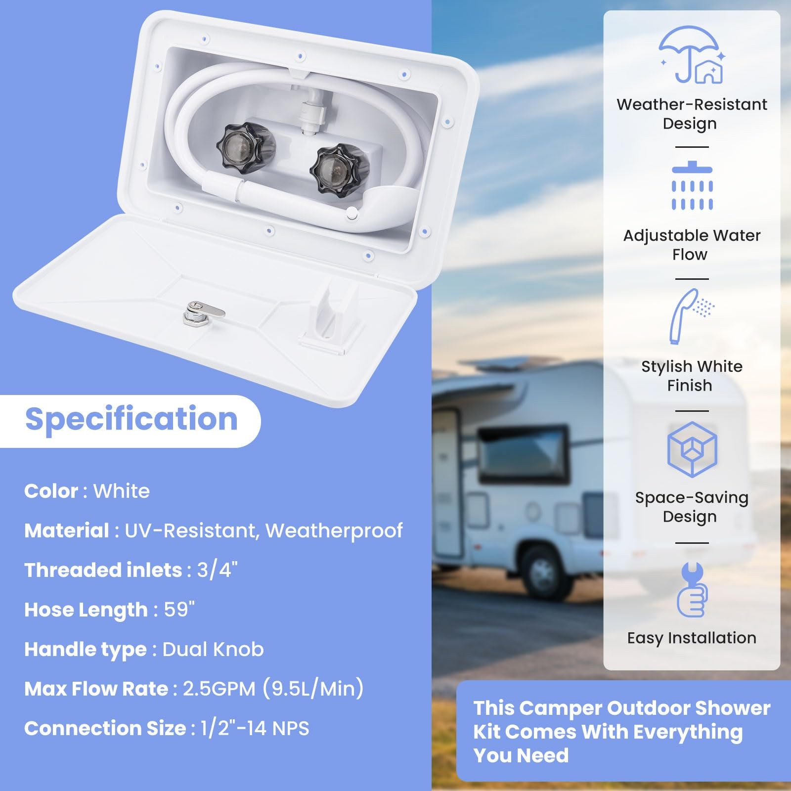 Rv Outside Shower, Camper Outdoor Shower Kit, Rv Exterior Faucet Box with Hea...