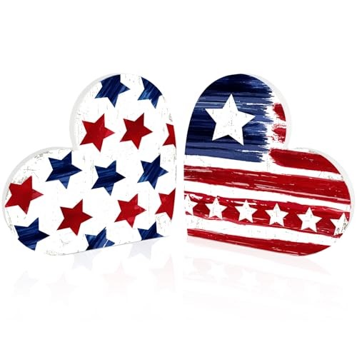 4th of July Decorations Table Signs, 2Pcs Large Vintage Patriotic Heart-Star