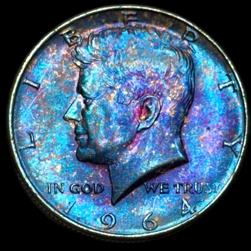 Kennedy Half Dollar 1964 About Uncirculated 90% Silver Monster Rainbow Toning