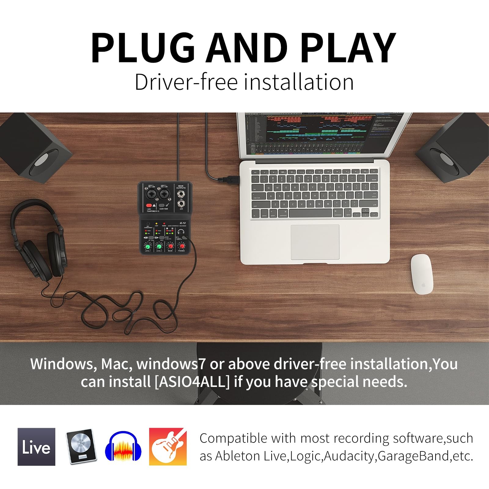 XTUGA USB Audio Interface+48V Phantom Power with 3.55m Microphone Jack,2i2 Audio