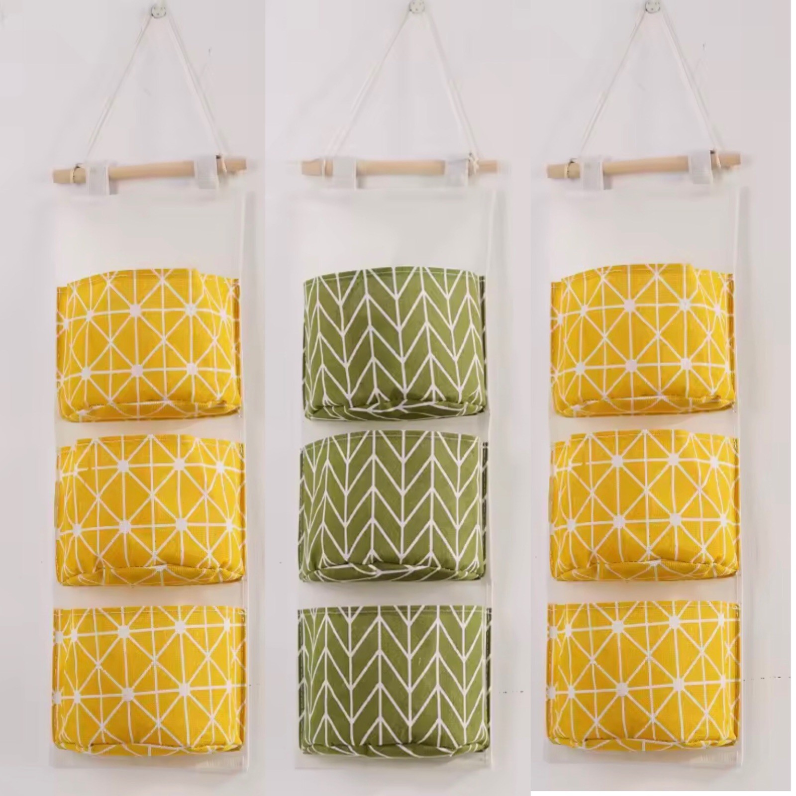 Set Of 3 Wall Mounted 3 Pockets Hanging Storage Bag 24"x7" Yellow &Green E1-096