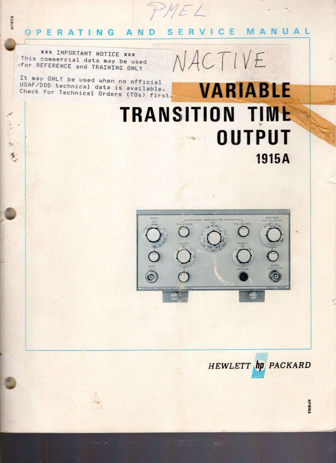 Orig Hewlett Packard 1915A Variable Transition Time Output Ops&Service Manual