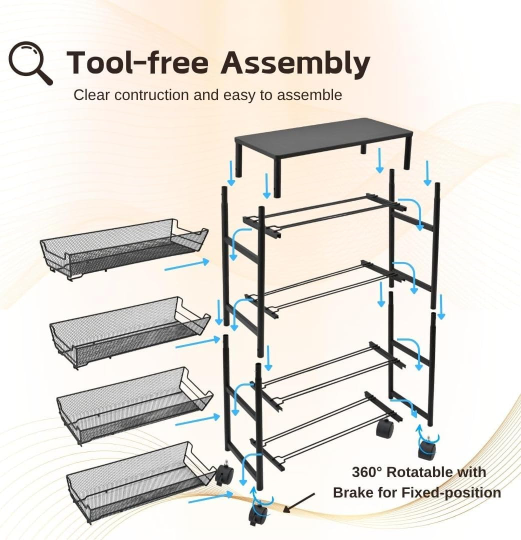 5-Tier Slim Storage Cart with Wheels, Rolling Utility Cart with 4 Pull-Out Mesh