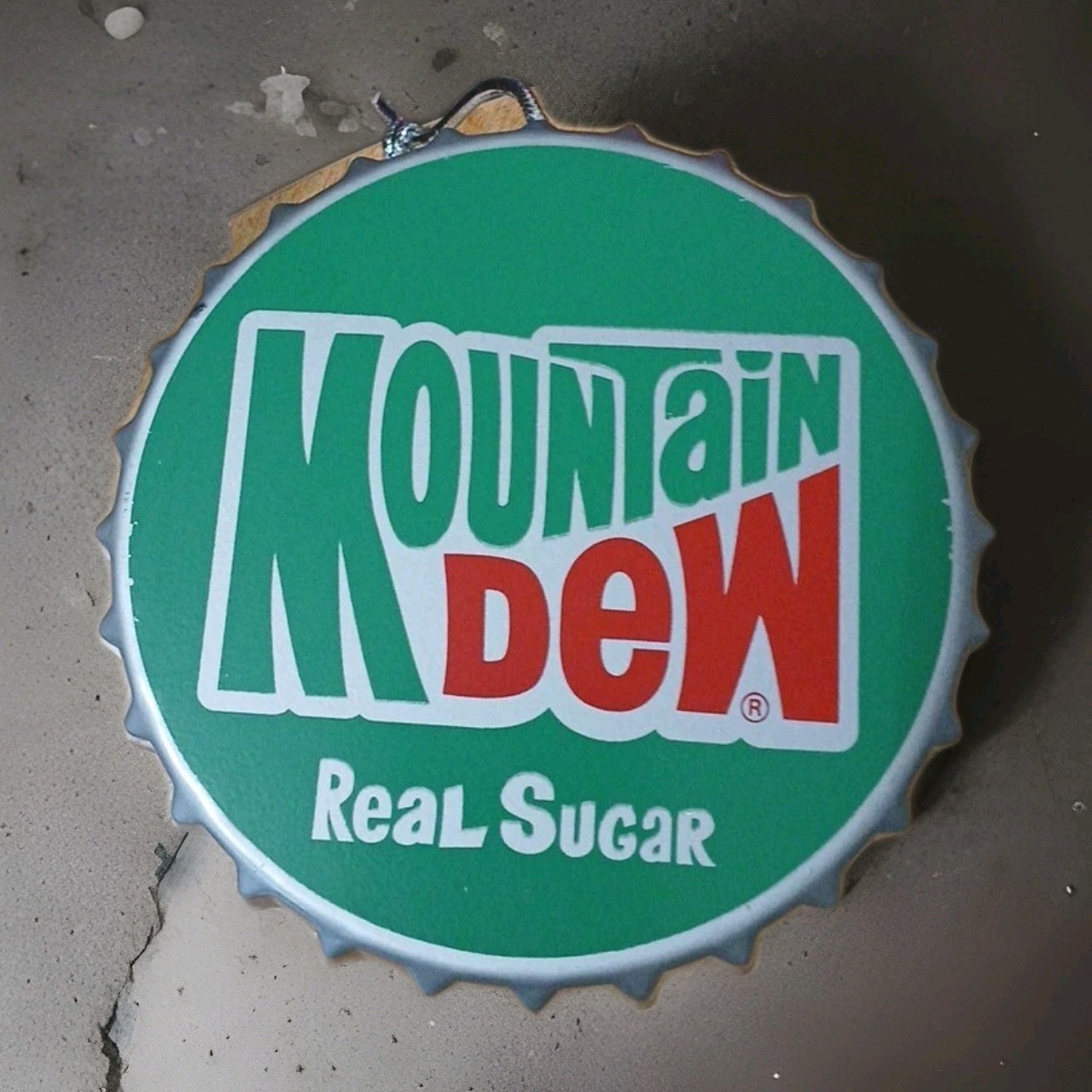 Mountain Dew "Real Suger"  5.5" Tin-metal  Miniature Button Replica