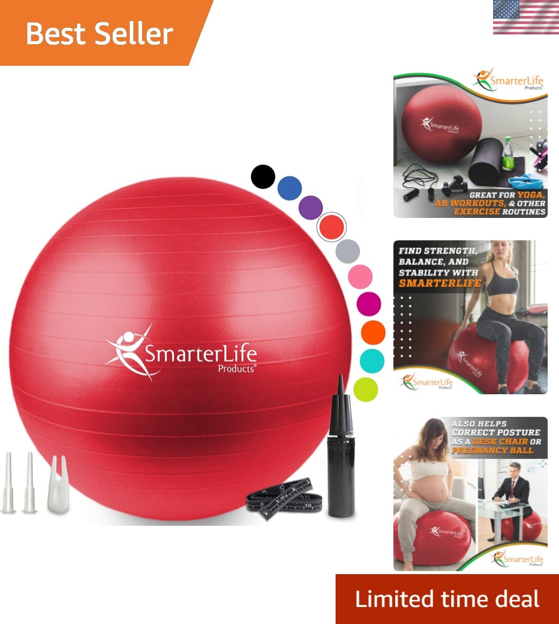 Red SmarterLife 45cm Exercise Ball - Non-Slip Gym & Office Chair Solution