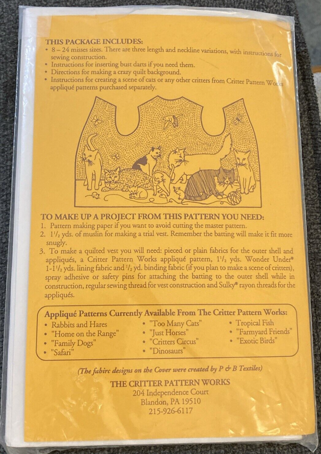 Vtg Rare The Critter Pattern Works The Expanded Variable Vest 1993 pattern #9301