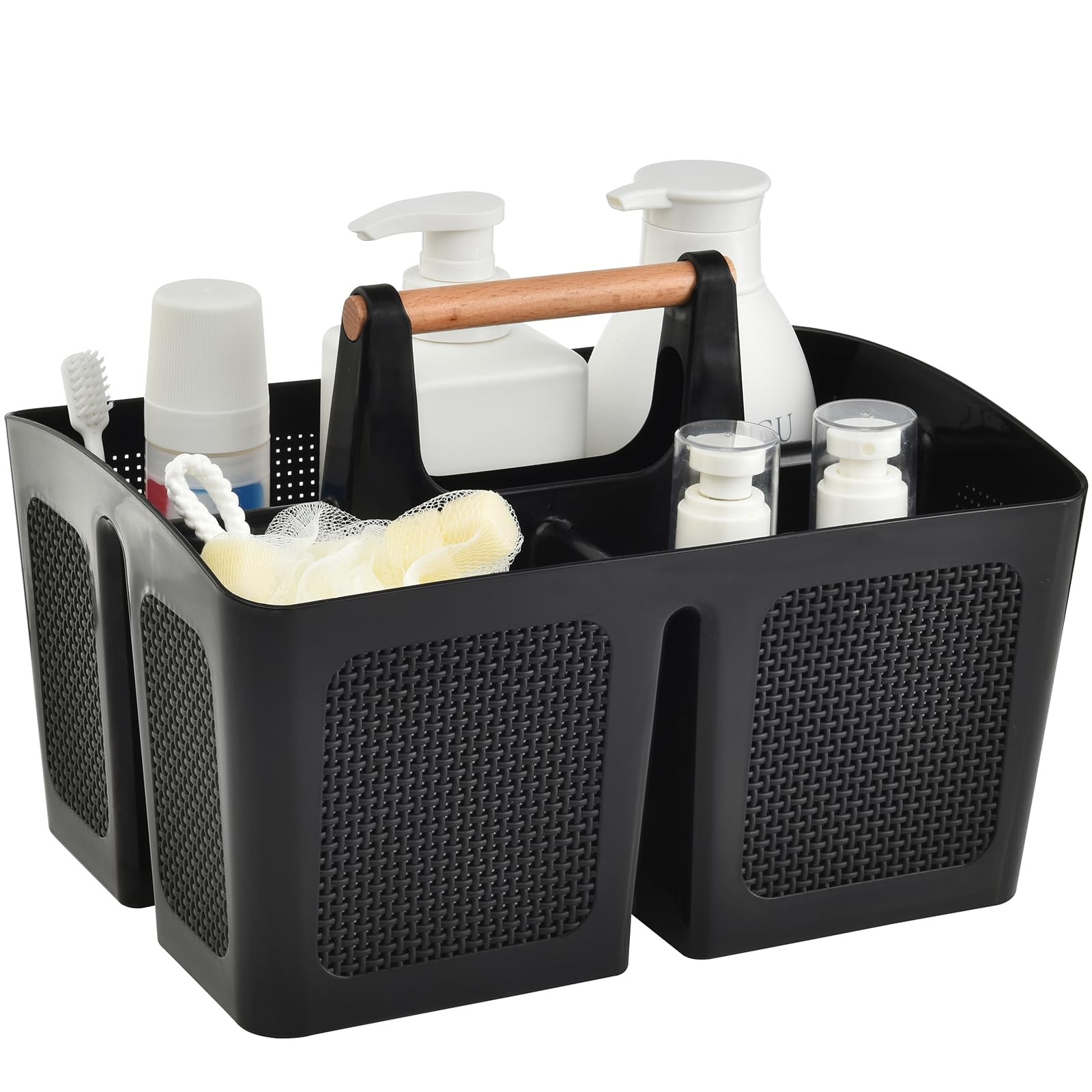 ALINK Portable Shower Caddy Basket with Compartments, Plastic Divided Black