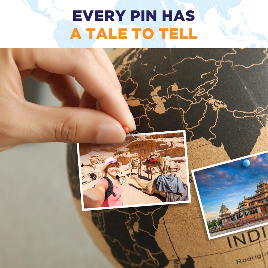 Travel Cork Globe Black 50 Push Pins Educational Map Display Stand