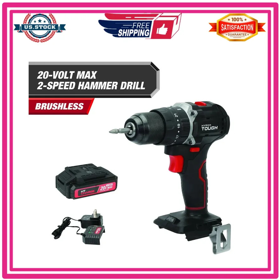 Hyper Tough 20V Brushless 1/2 Inch 2 Speed Cordless Hammer Drill With Battery...