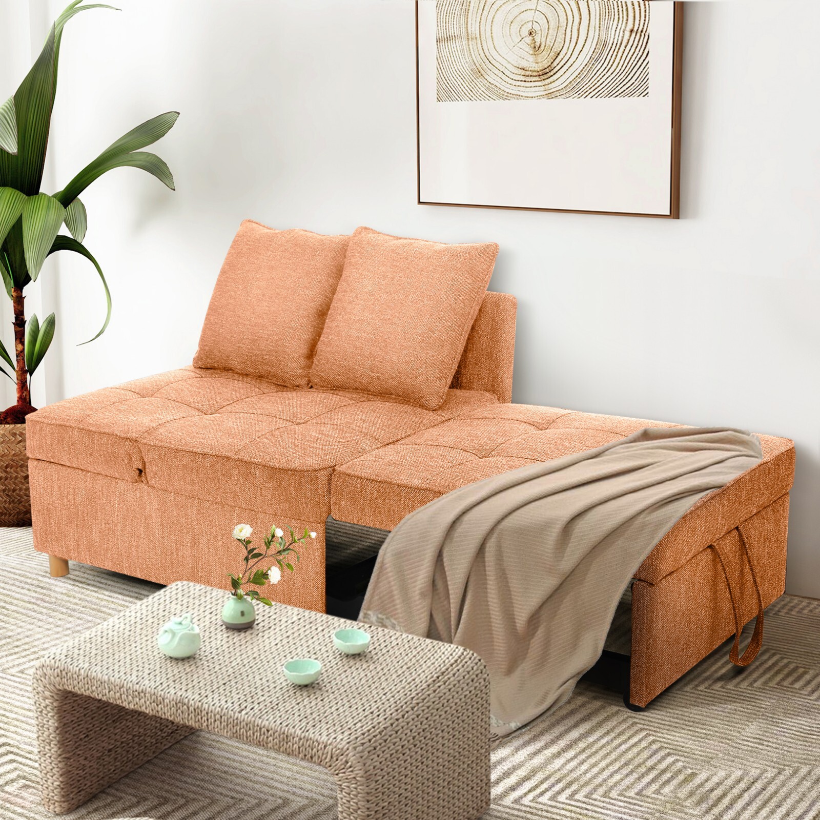 Folding Ottoman Sofa Bed Chair 4-in-1 Sleeper Sofa Adjustable Backrest+2 Pillows