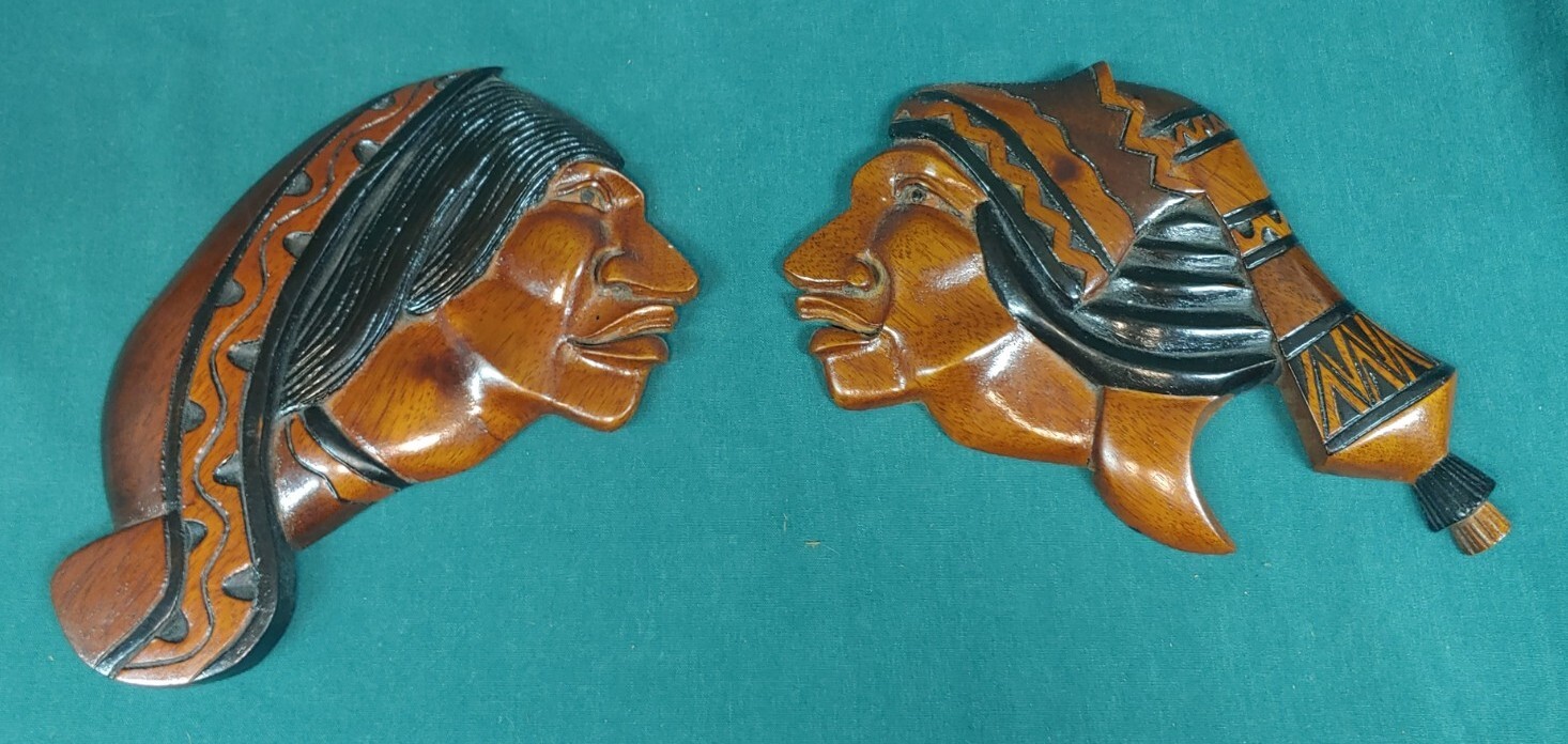 Old Vintage Peruvian Art Hand Carved Wooden Wall Plaques Wood Carvings Peru