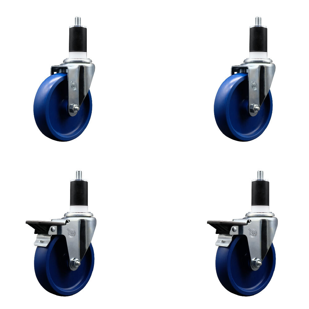 5 Inch Solid Poly Wheel Swivel 1-1/2 Inch Expanding Stem Caster Set 2 Brakes SCC