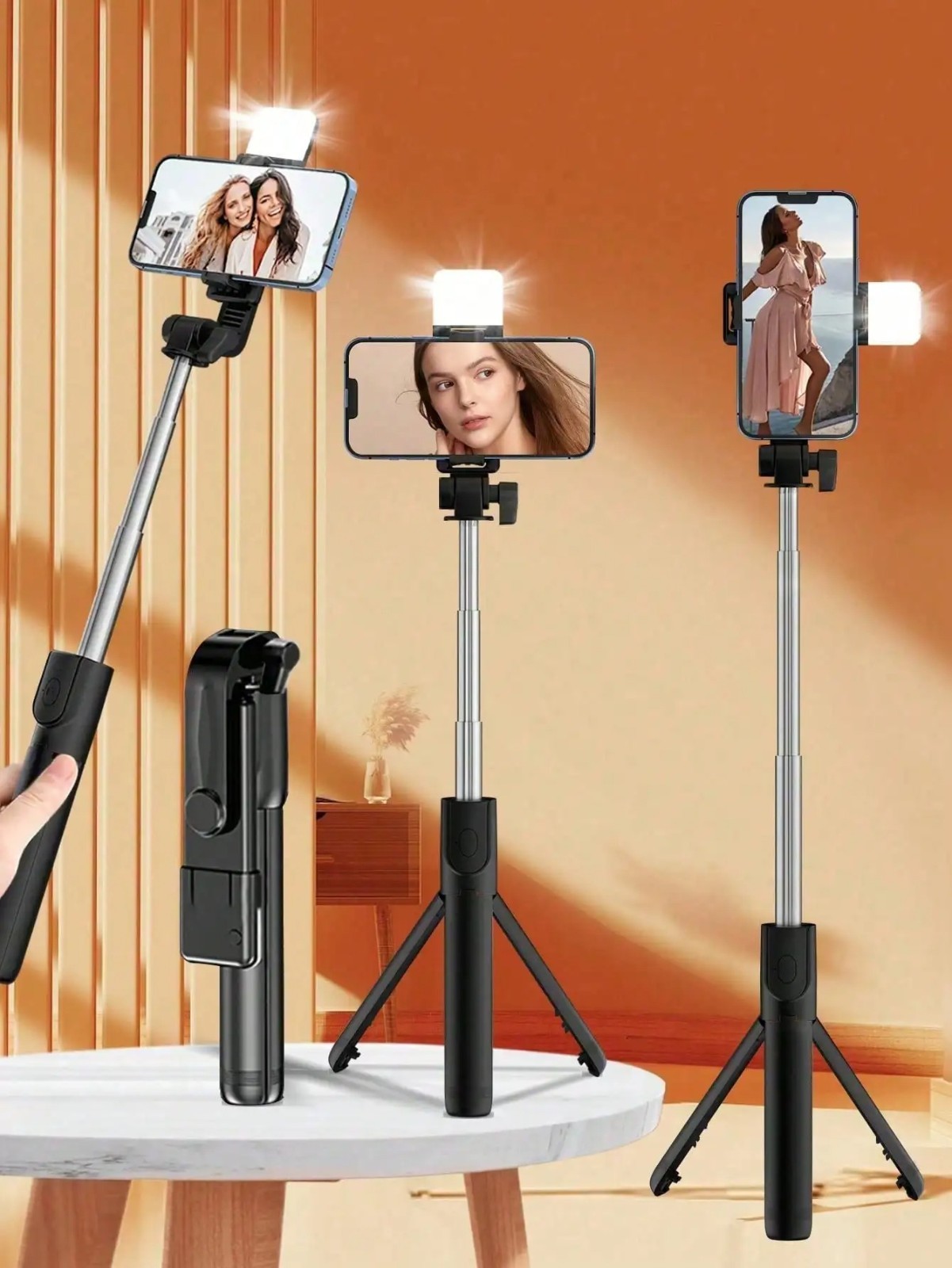 Bluetooth Selfie Stick Tripod Stand LED Fill Light & Remote for Vlogs Travel