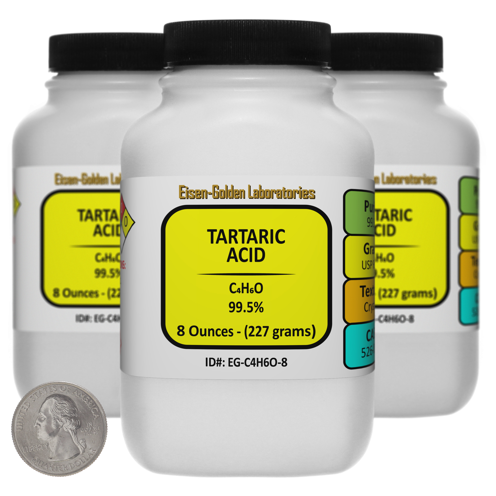 Tartaric Acid [C4H6O6] 99.5% USP Food Grade Crystals 1.5 Lb in Three Bottles