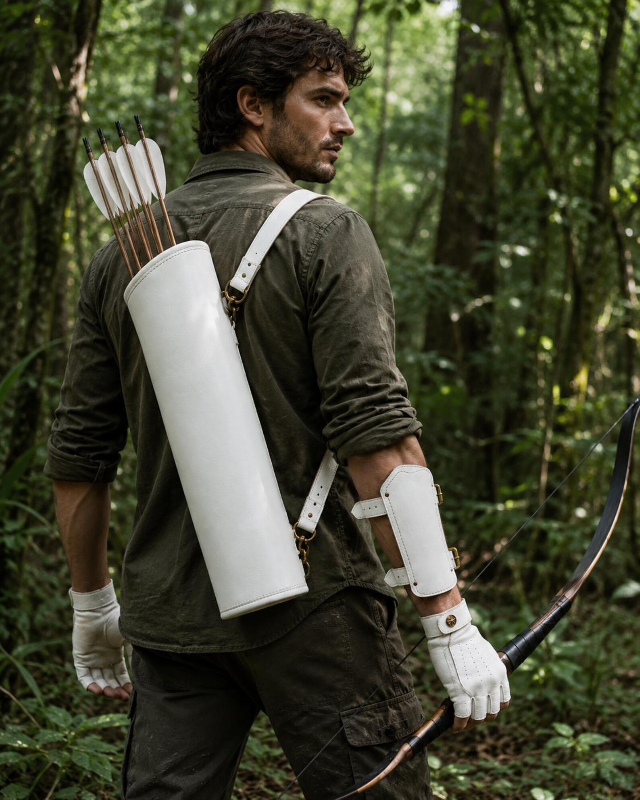 Premium White Leather Archery Quiver Set with Gloves and Arm Guard Handmade