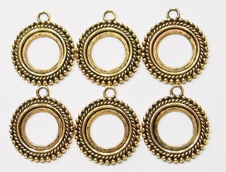 6 of 20mm Round Antique Gold Thick Beaded Rope Pendant Settings 34x30mm