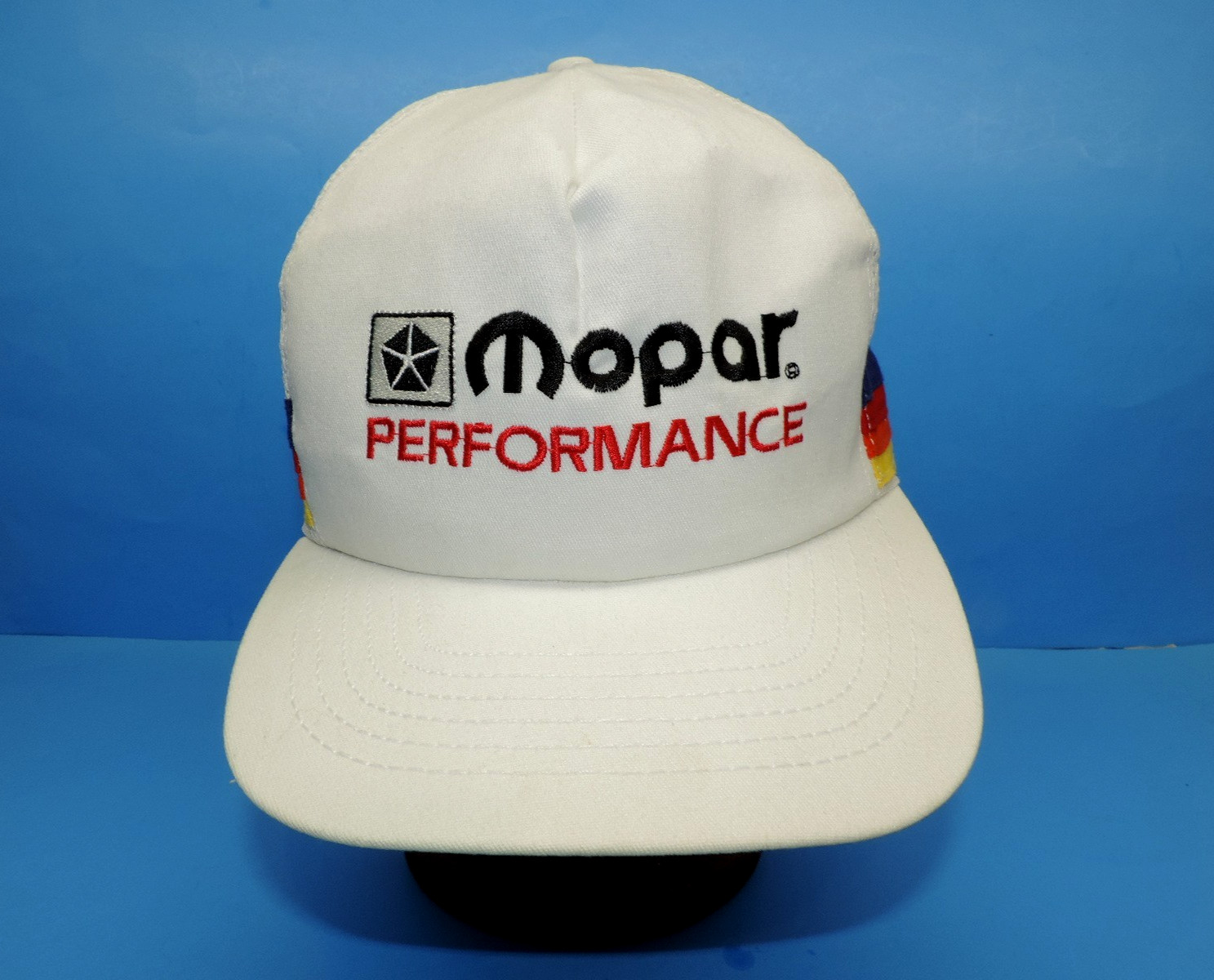 VTG 1984 MOPAR PERFORMANCE WHITE RACING 4 STRIPE HAT MESH MOPAR COLLECTION USA!