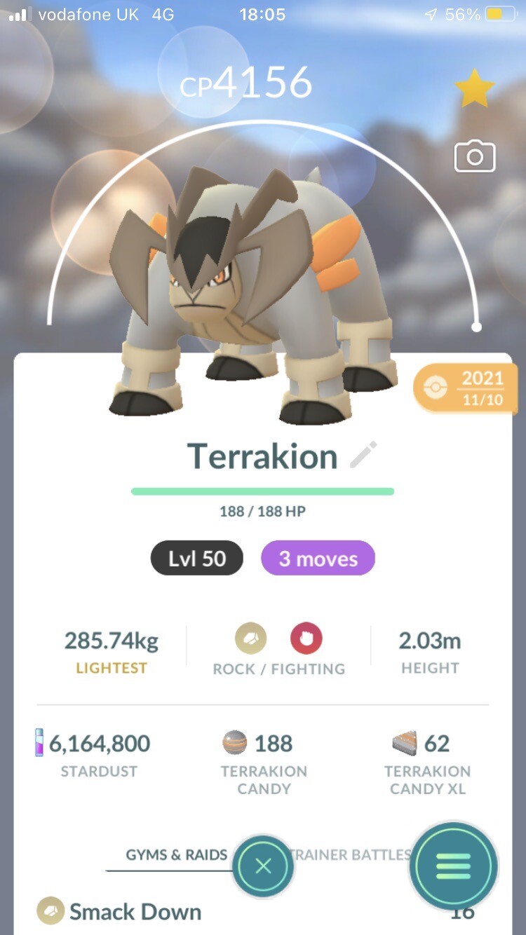 Pokémon Trade Go Level 50- Terrakion 3 Moves For PvP Master League