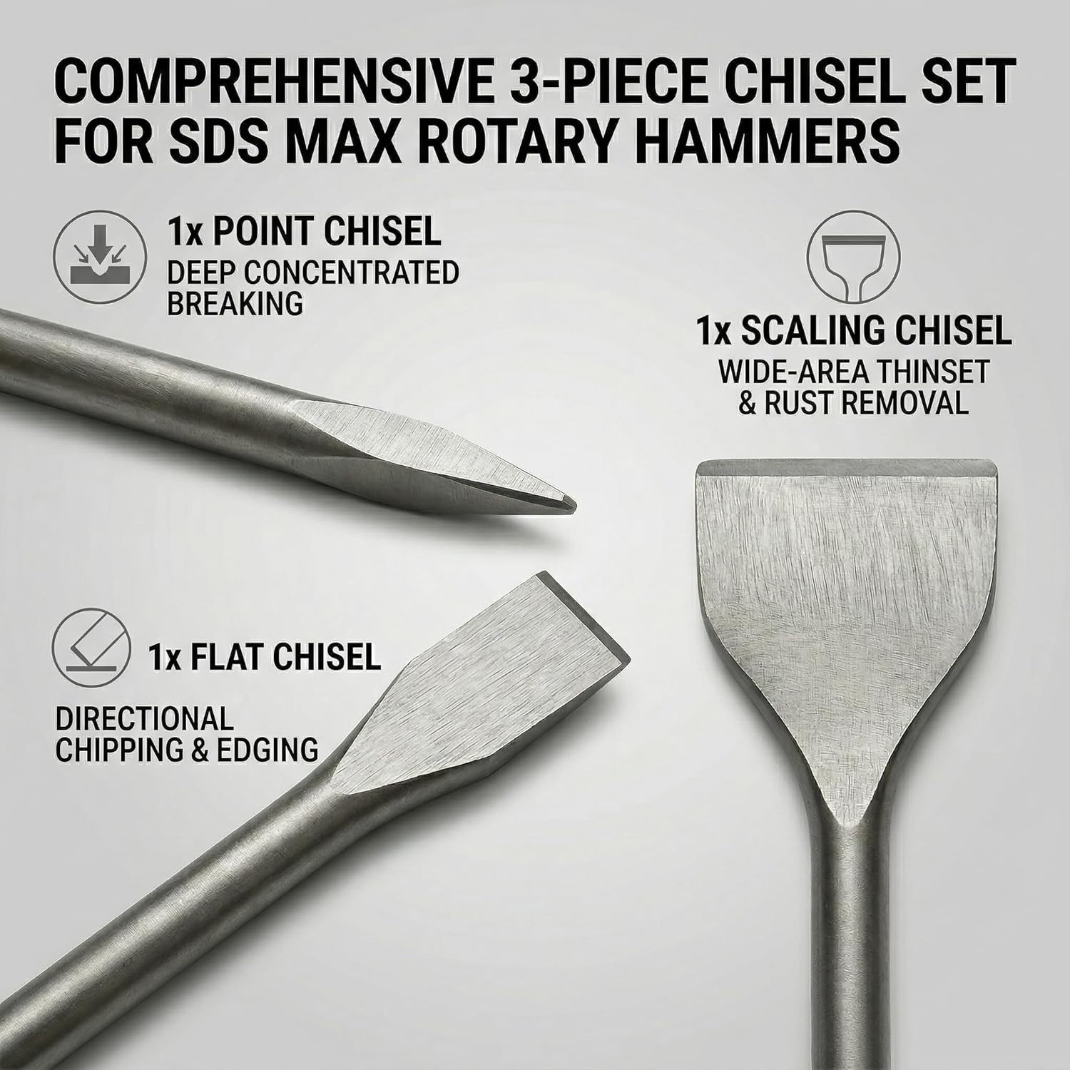 24-Inch SDS Max Chisel Bits Set - 3 Piece Extra Long Demolition Kit (Scaling, Po