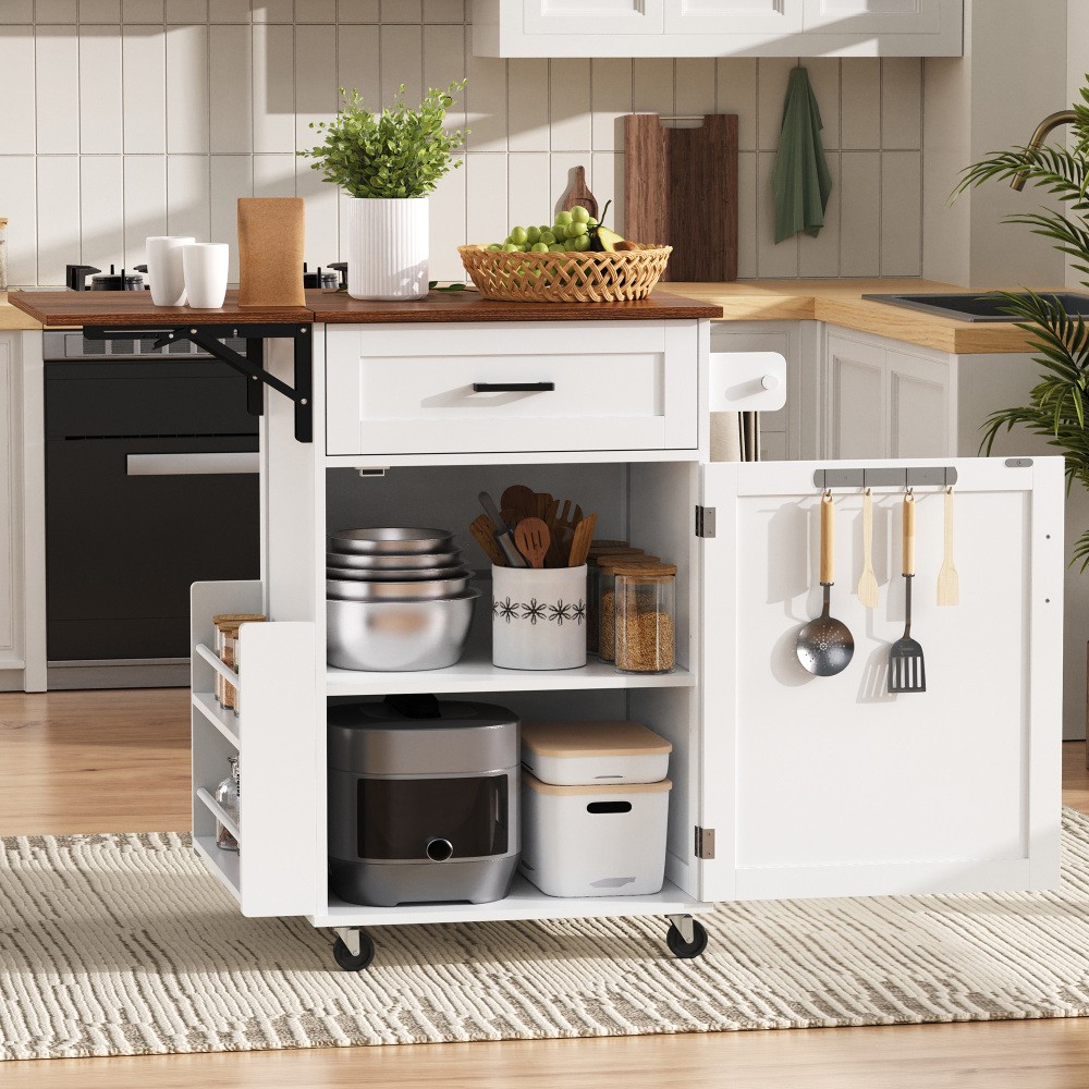 39.3" Farmhouse Kitchen Island with Drop Leaf, Kitchen Storage Island